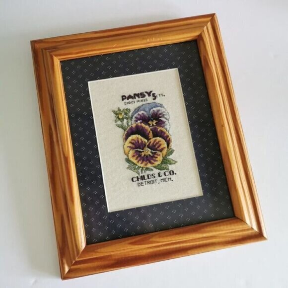Vintage Framed Pansy Seeds Cross Stitch Art, Flowers Floral Matted Gardener Art - Picture 2 of 10